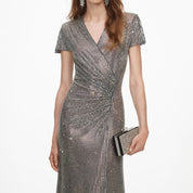 Grey rhinestone mesh wrap maxi dress