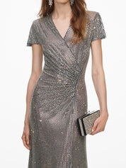 Grey rhinestone mesh wrap maxi dress