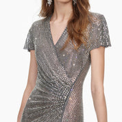 Grey rhinestone mesh wrap maxi dress