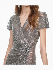 Grey rhinestone mesh wrap maxi dress