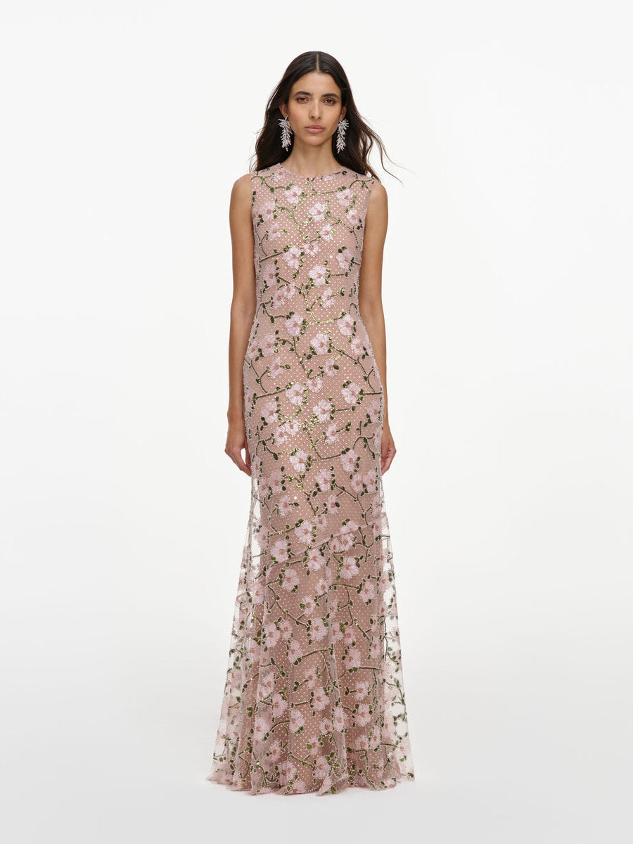 Pink rhinestone sequin mesh maxi dress