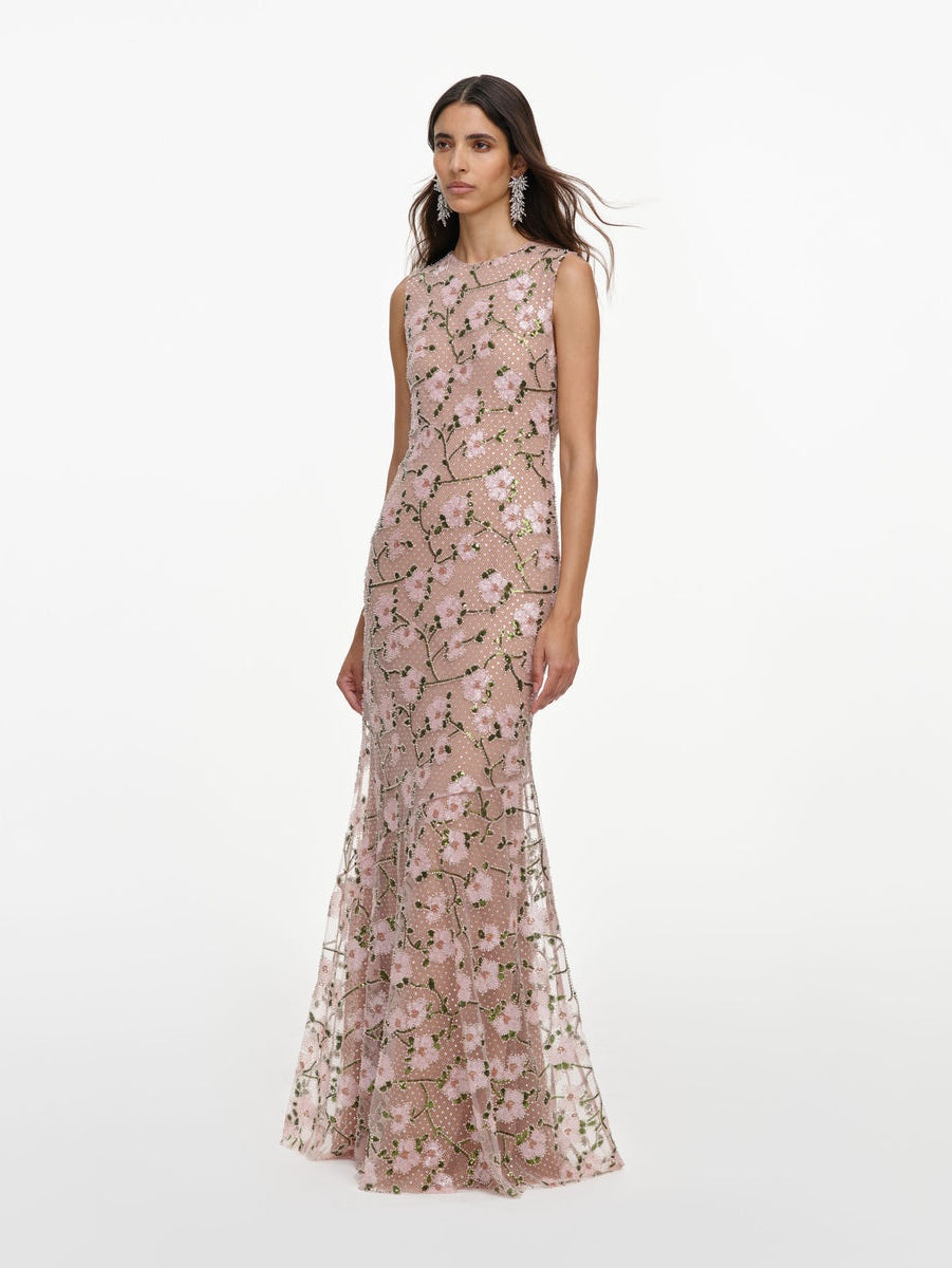 Pink rhinestone sequin mesh maxi dress