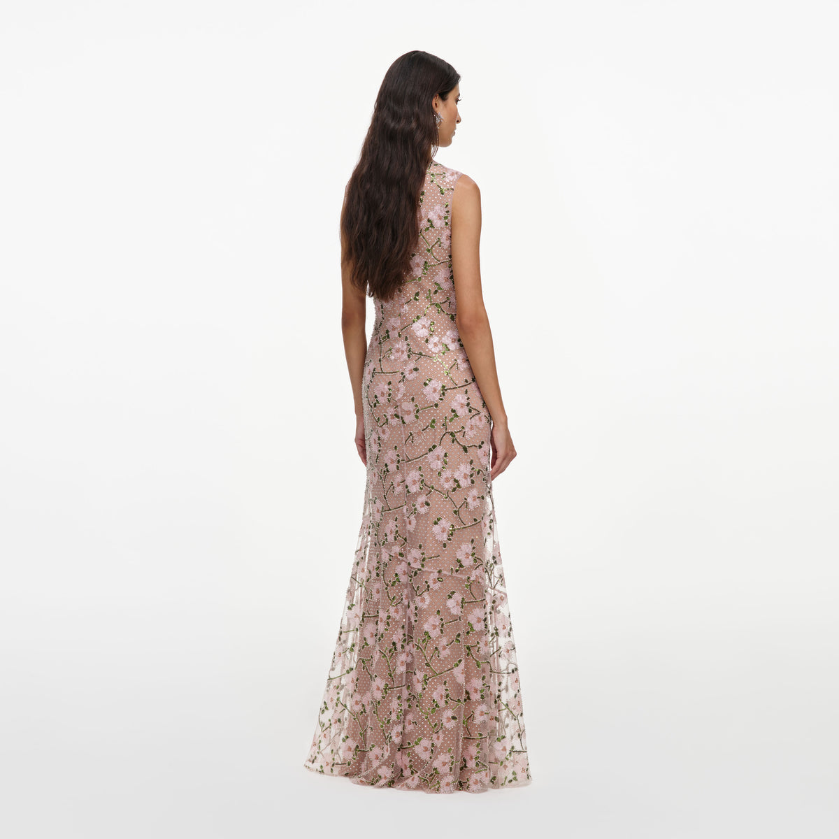 Pink rhinestone sequin mesh maxi dress
