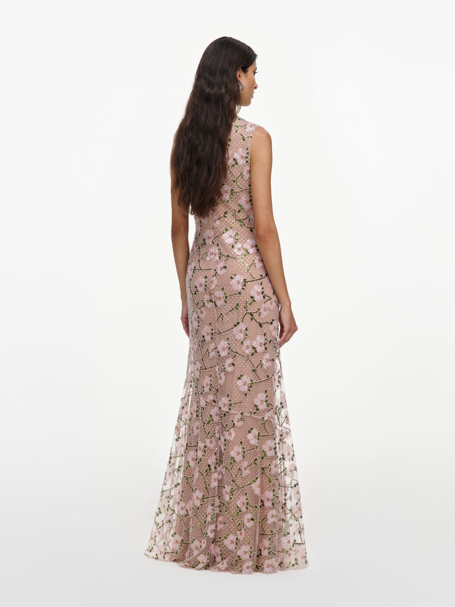 Pink rhinestone sequin mesh maxi dress
