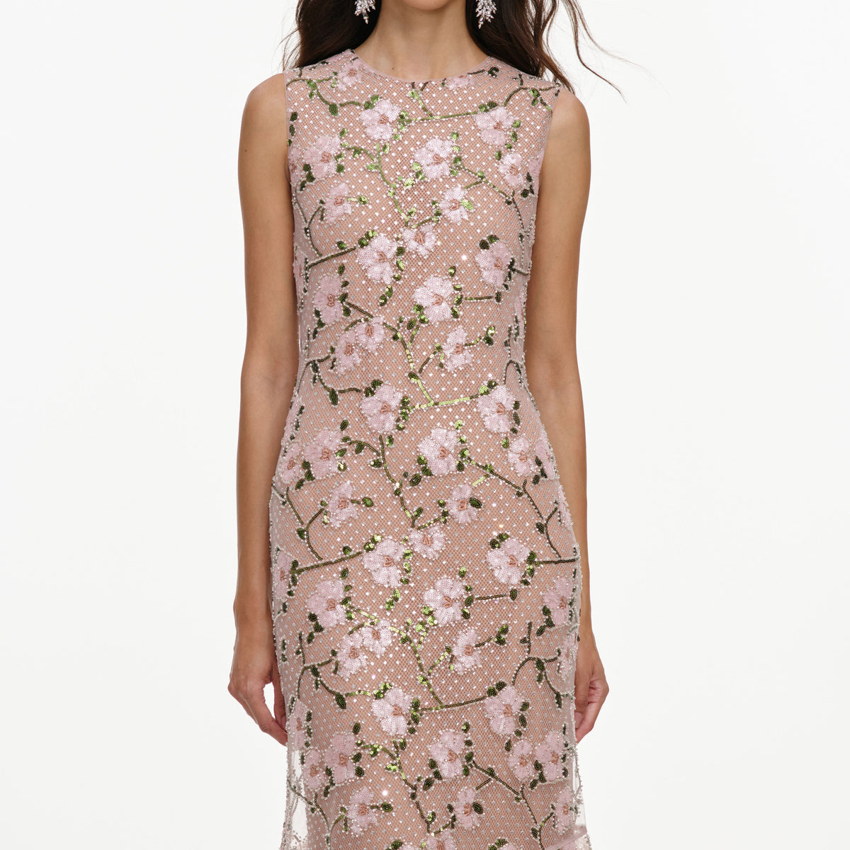 Pink rhinestone sequin mesh maxi dress
