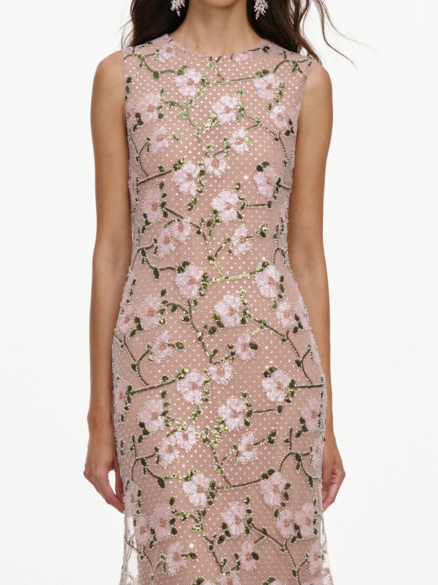 Pink rhinestone sequin mesh maxi dress