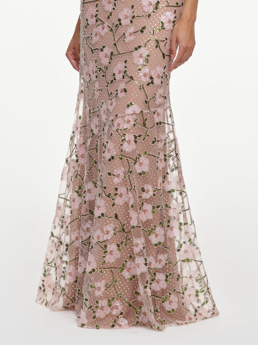Pink rhinestone sequin mesh maxi dress