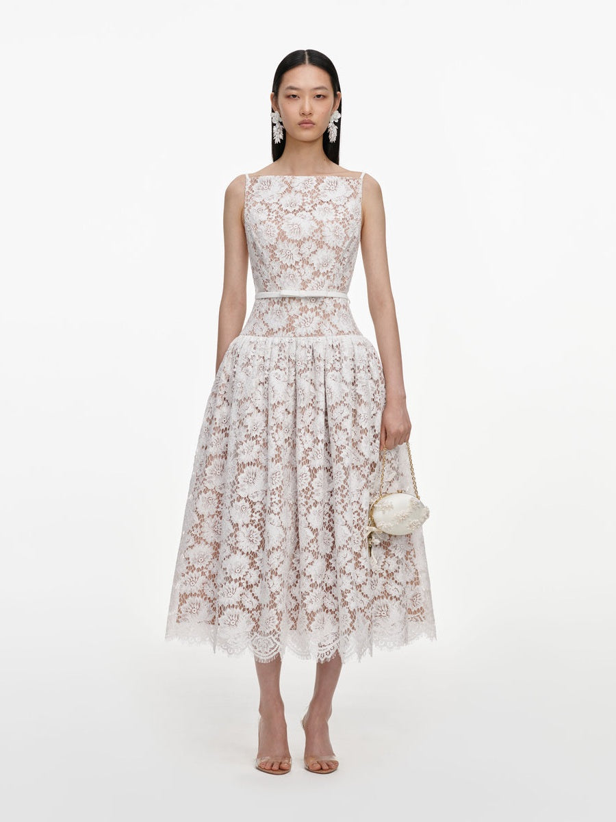 White lace flared midi dress