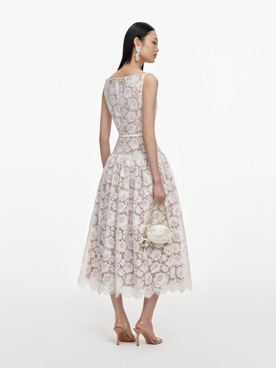 White lace flared midi dress