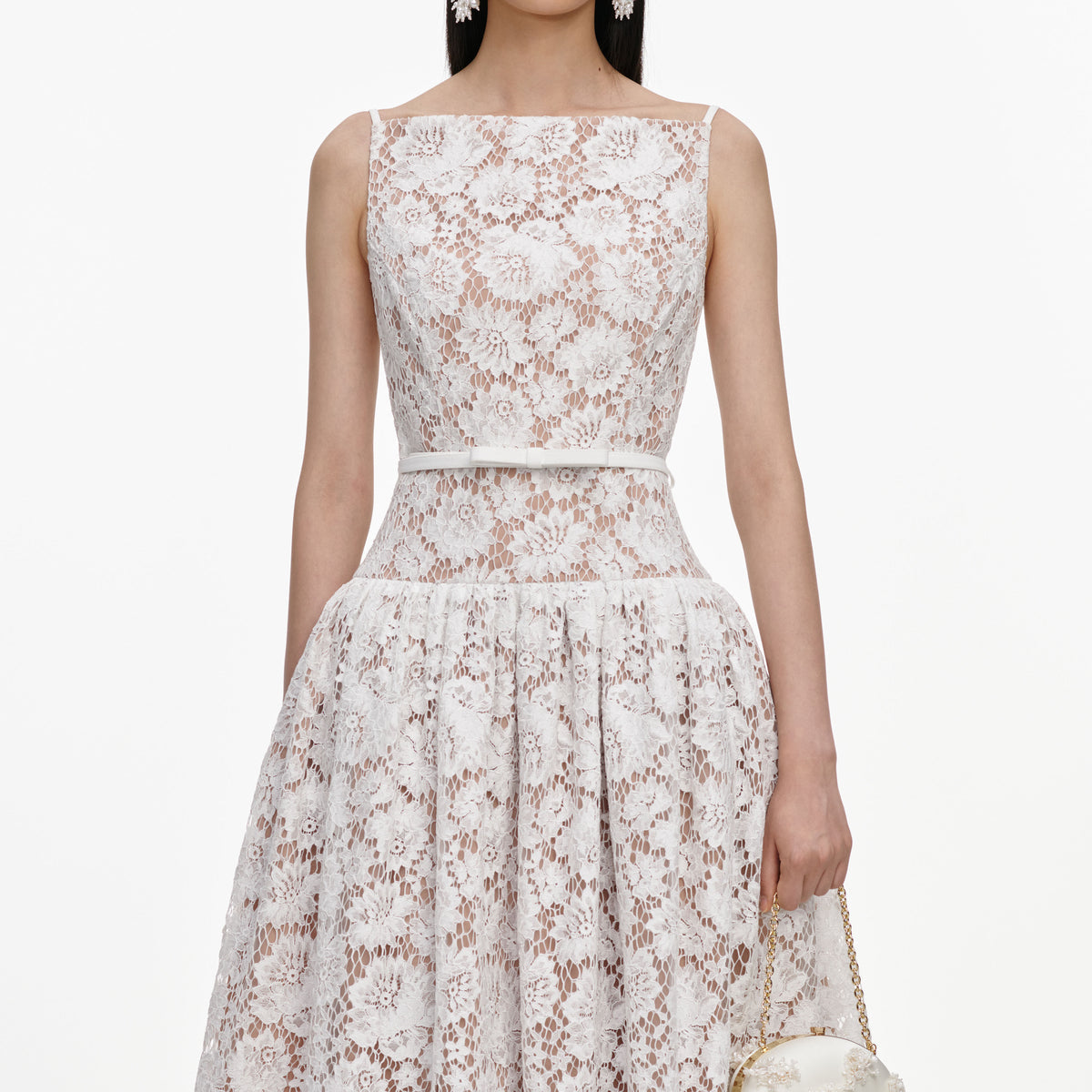 White lace flared midi dress