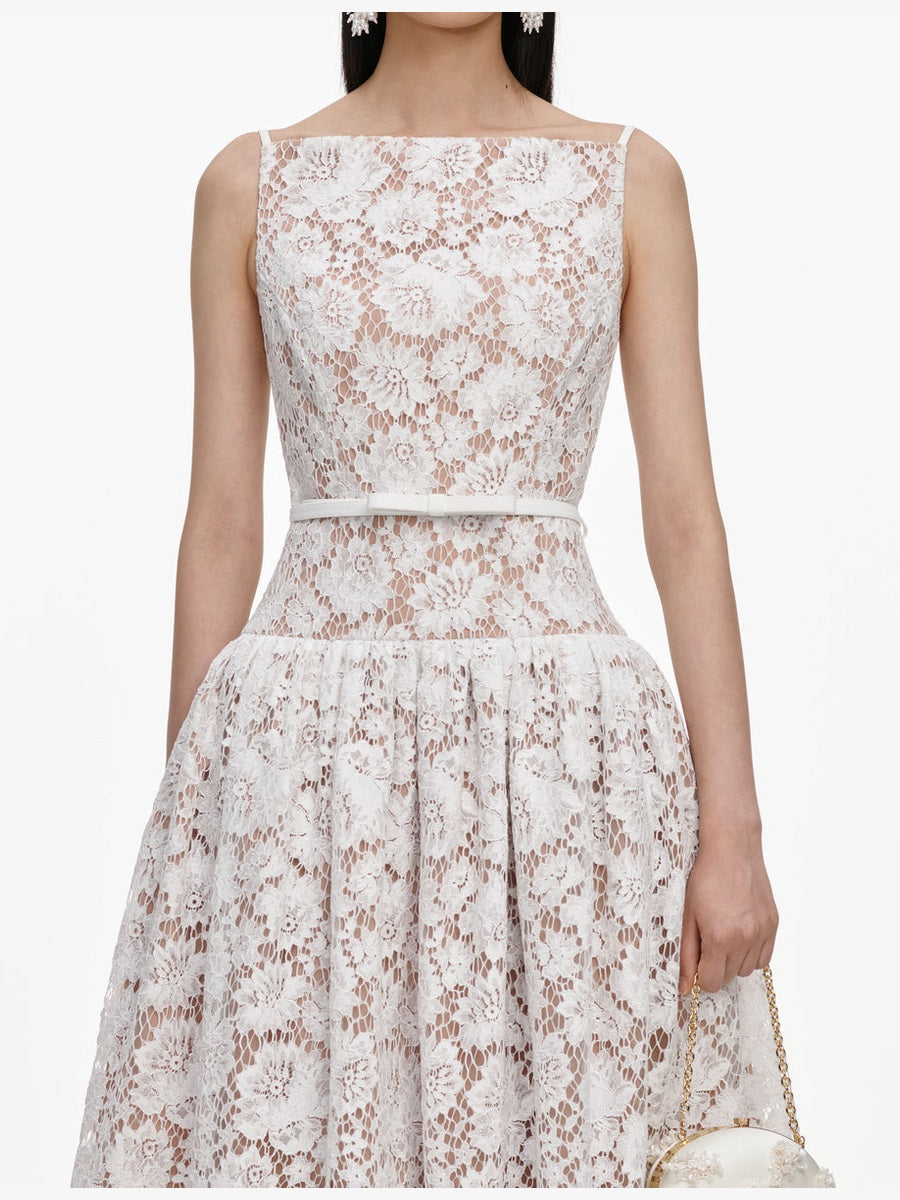 White lace flared midi dress