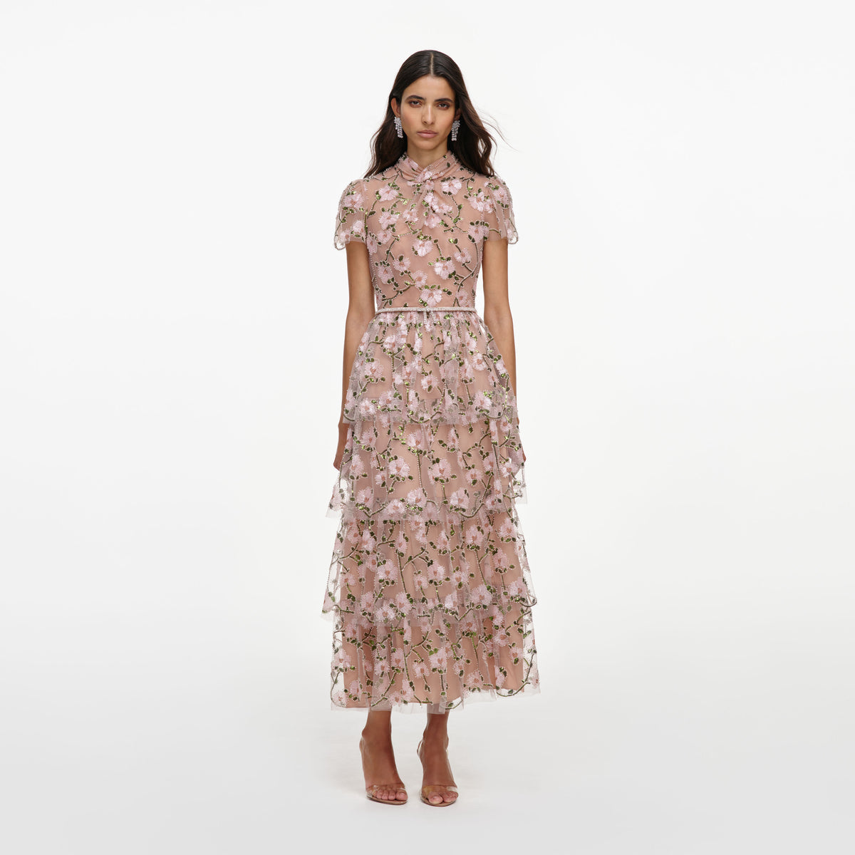 Pink sequin embellished tiered midi dress