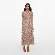 Pink sequin embellished tiered midi dress