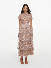 Pink sequin embellished tiered midi dress