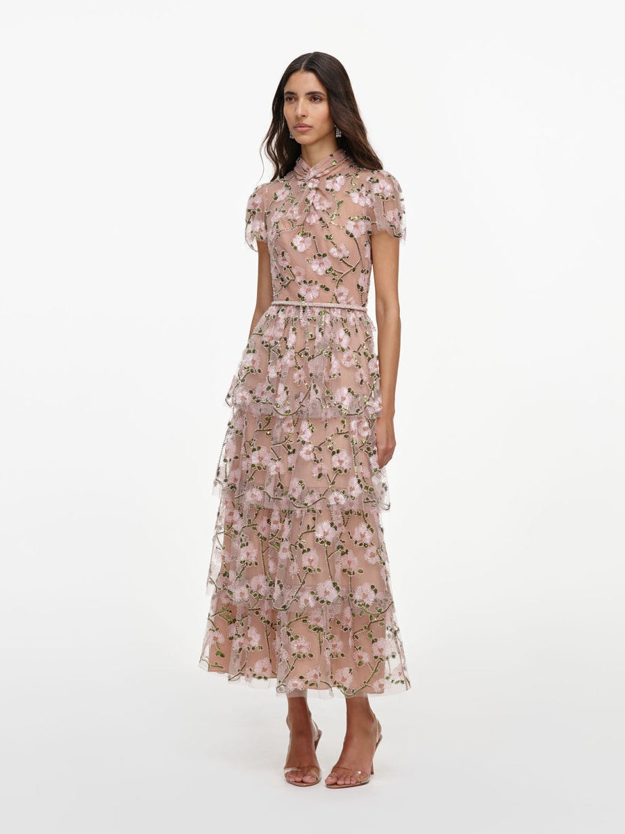 Pink sequin embellished tiered midi dress