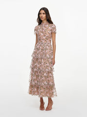 Pink sequin embellished tiered midi dress