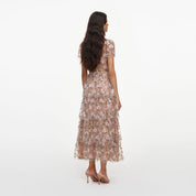 Pink sequin embellished tiered midi dress