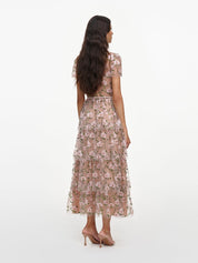 Pink sequin embellished tiered midi dress
