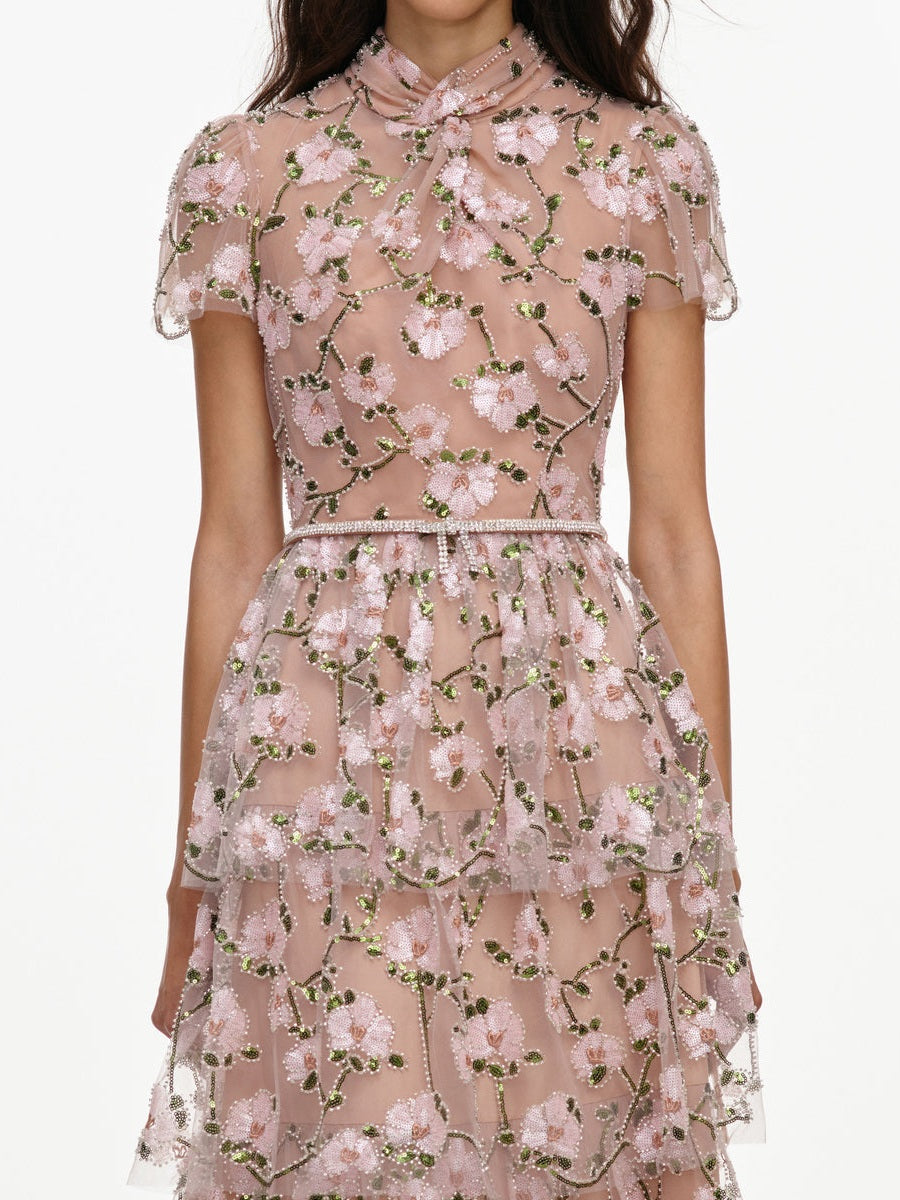 Pink sequin embellished tiered midi dress