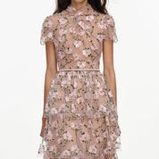 Pink sequin embellished tiered midi dress