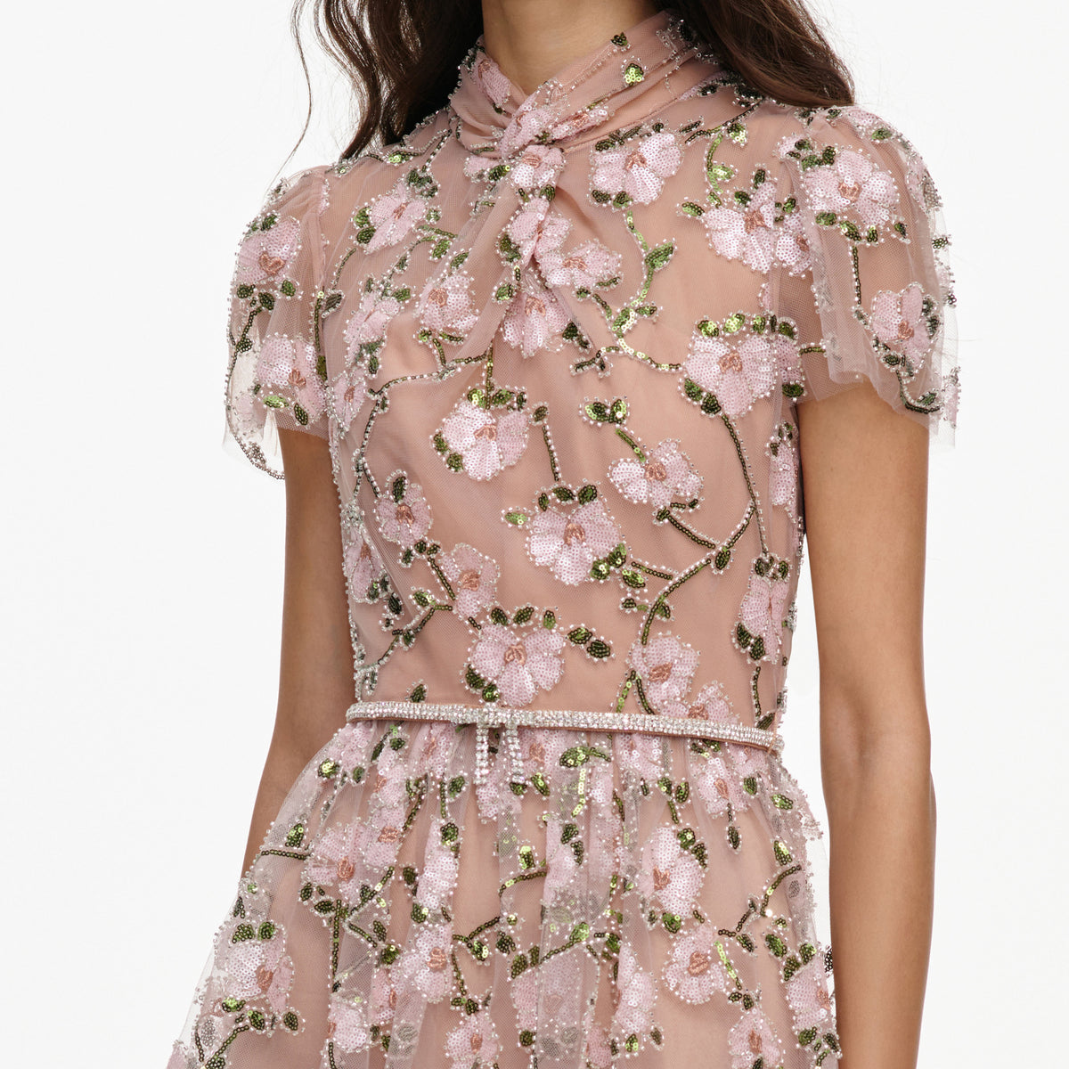 Pink sequin embellished tiered midi dress
