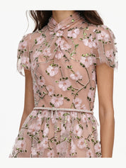 Pink sequin embellished tiered midi dress