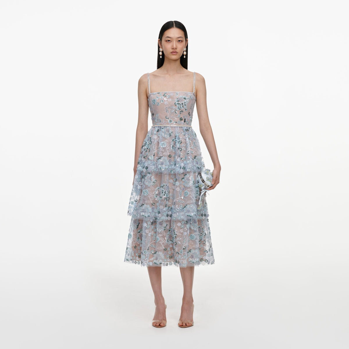 Blue sequin embellished tiered midi dress