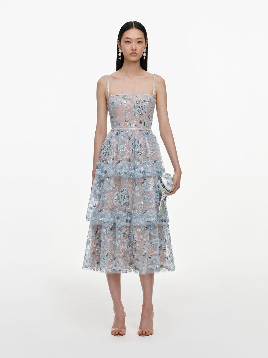 Blue sequin embellished tiered midi dress