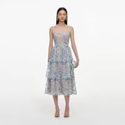 Blue sequin embellished tiered midi dress