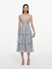 Blue sequin embellished tiered midi dress