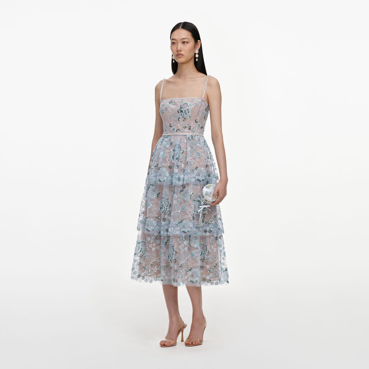 Blue sequin embellished tiered midi dress