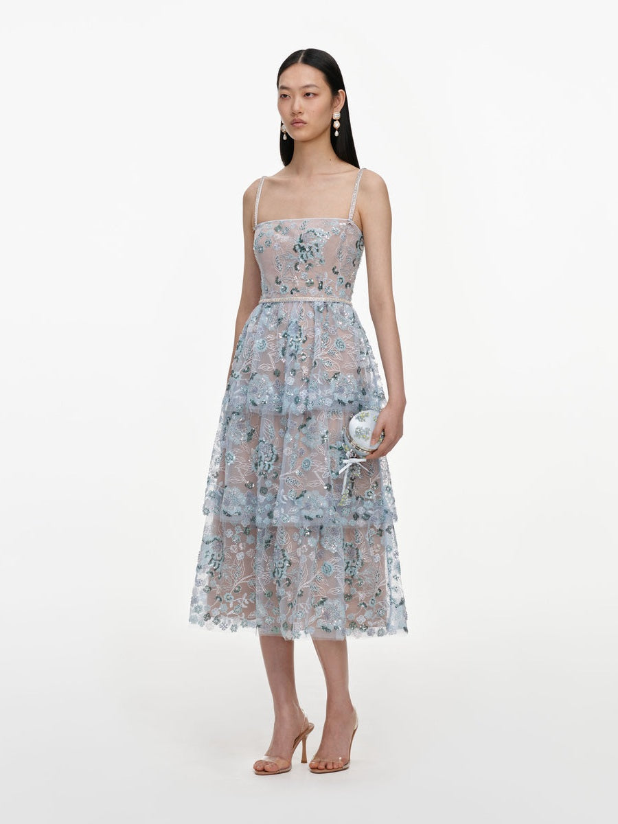 Blue sequin embellished tiered midi dress