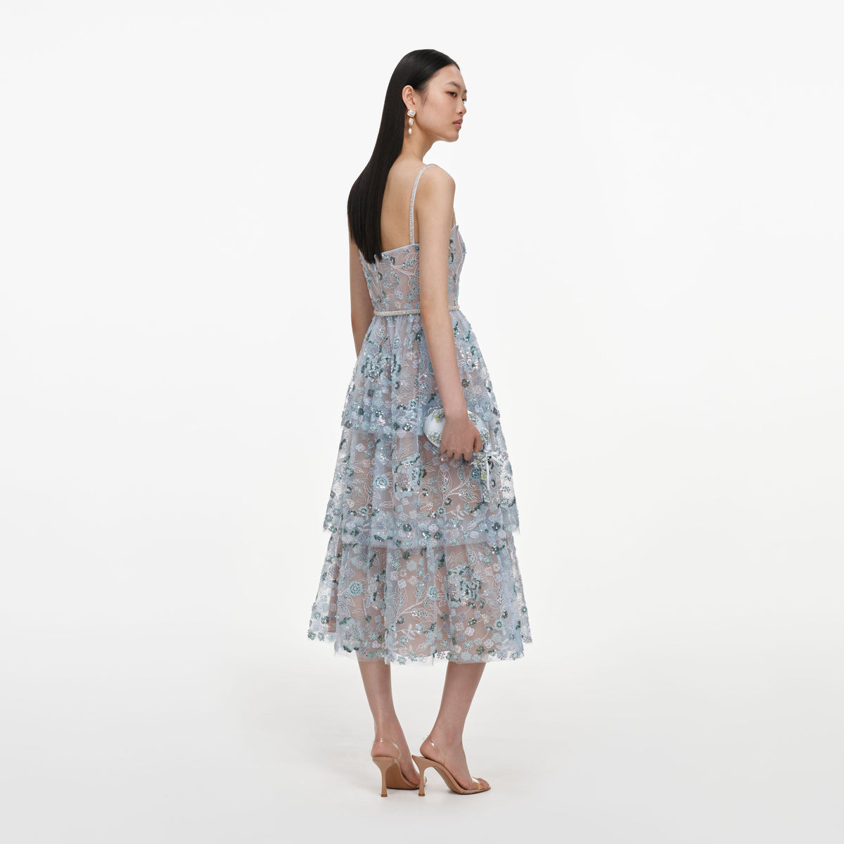 Blue sequin embellished tiered midi dress