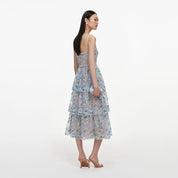 Blue sequin embellished tiered midi dress