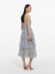 Blue sequin embellished tiered midi dress