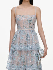 Blue sequin embellished tiered midi dress