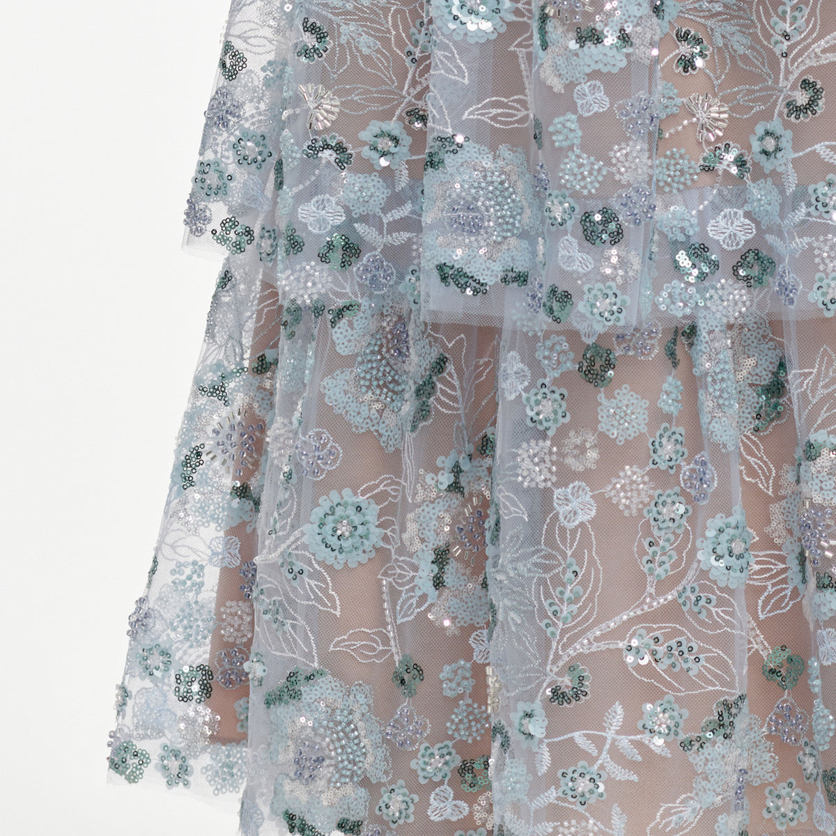 Blue sequin embellished tiered midi dress