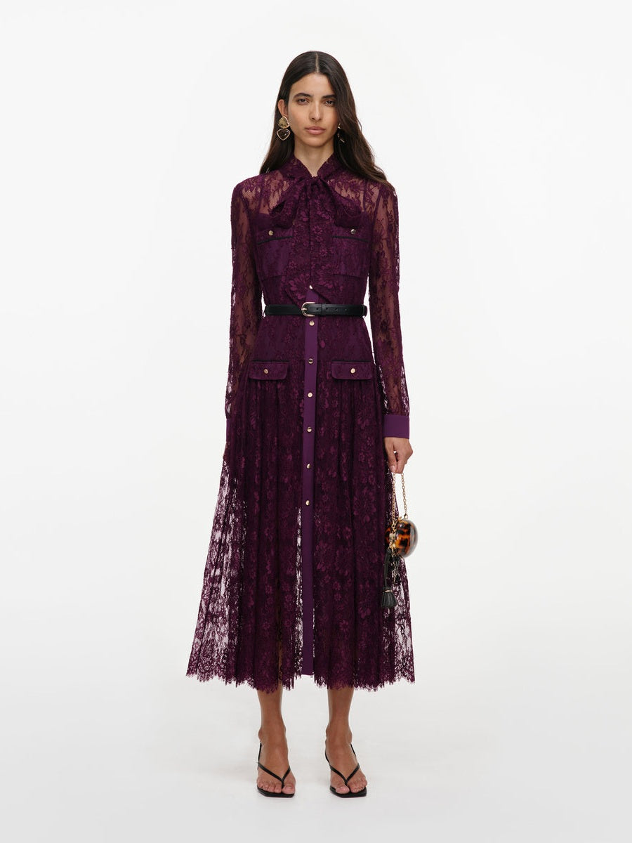 Purple lace tie neck midi dress