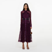 Purple lace tie neck midi dress