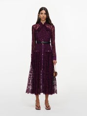Purple lace tie neck midi dress