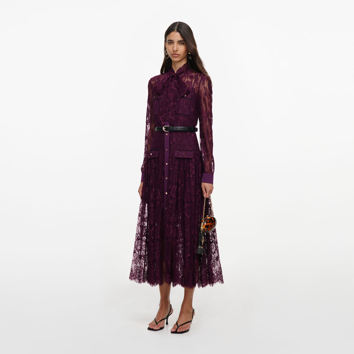 Purple lace tie neck midi dress