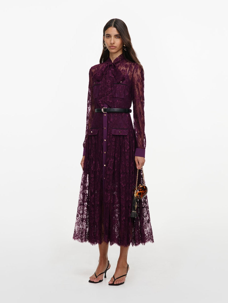 Purple lace tie neck midi dress