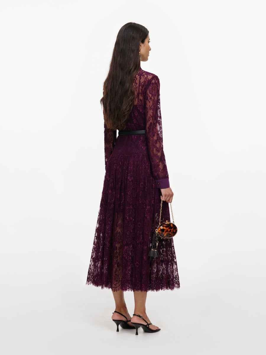 Purple lace tie neck midi dress