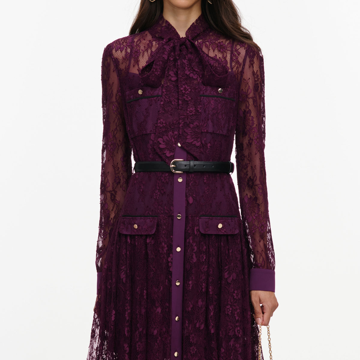Purple lace tie neck midi dress