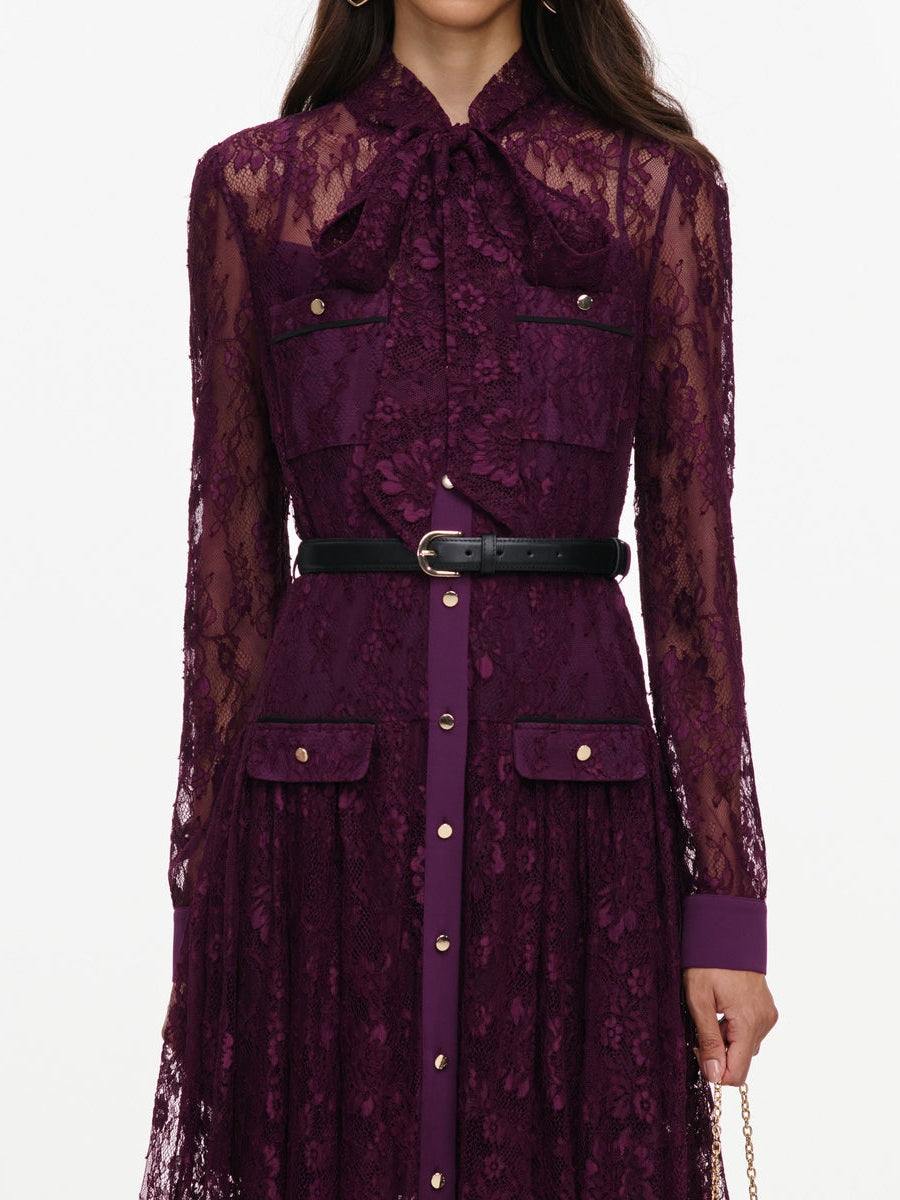 Purple lace tie neck midi dress