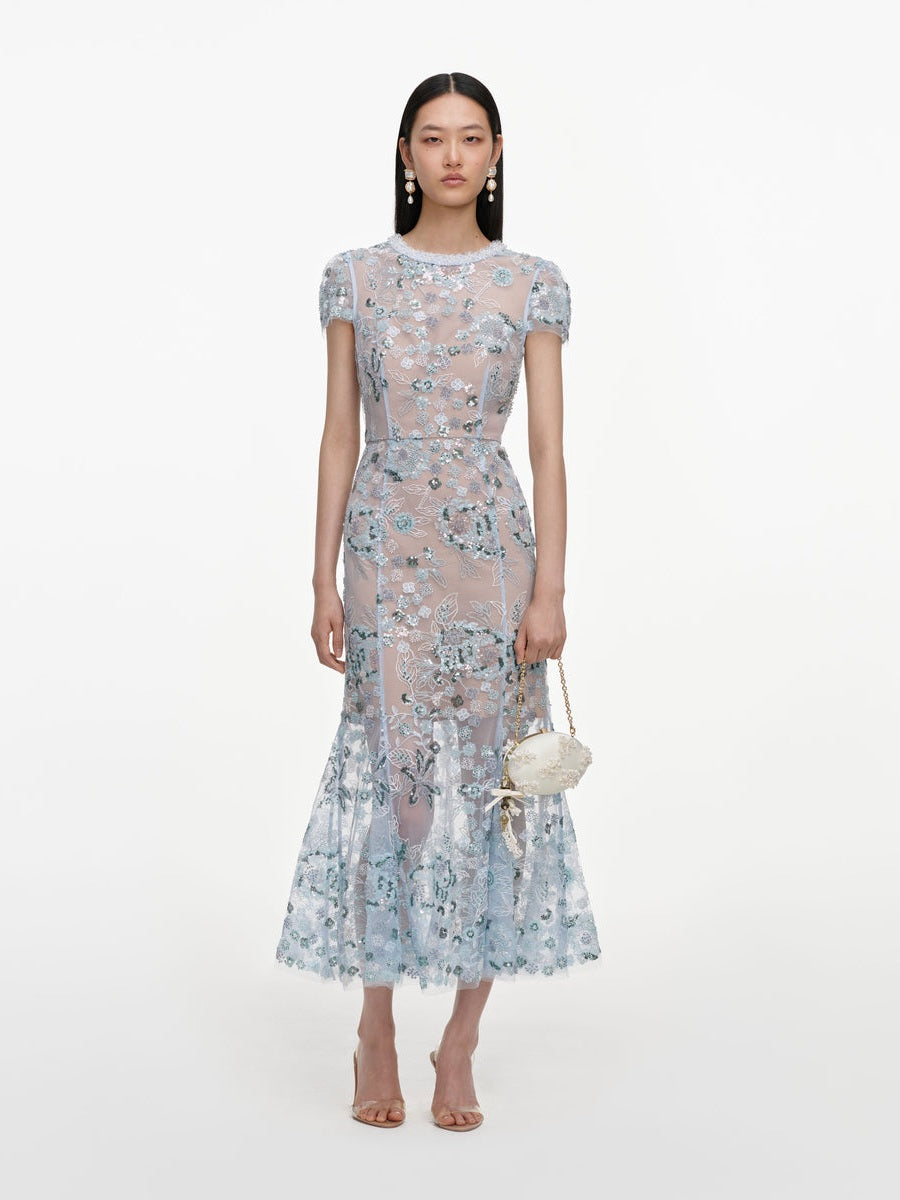 Blue sequin embellished midi dress