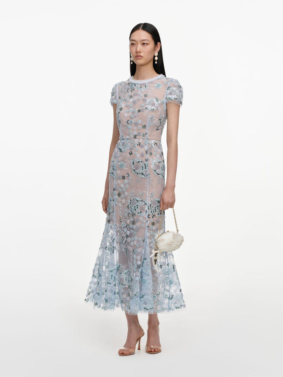 Blue sequin embellished midi dress
