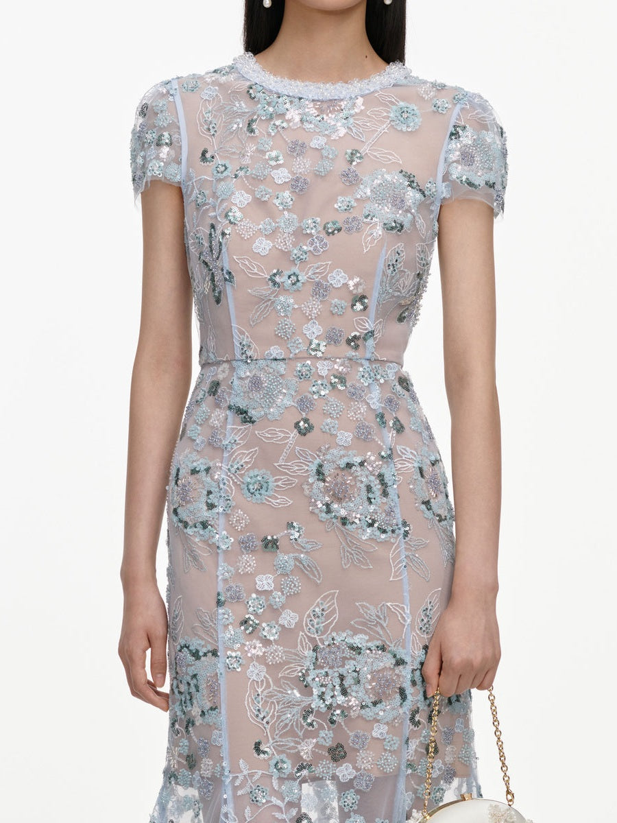 Blue sequin embellished midi dress