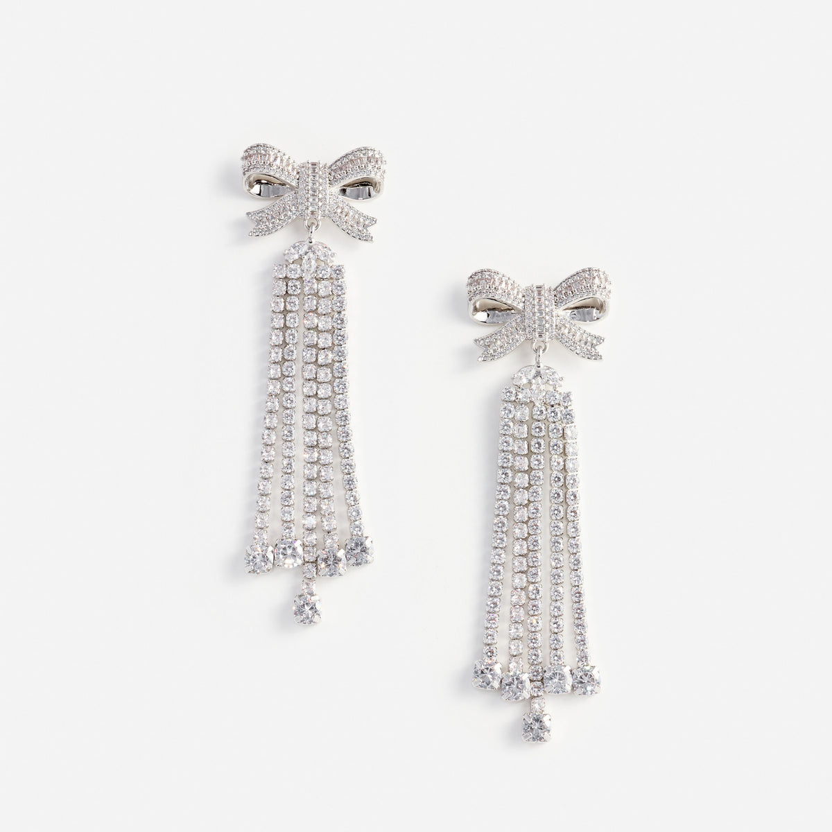 Silver crystal bow droplet earrings