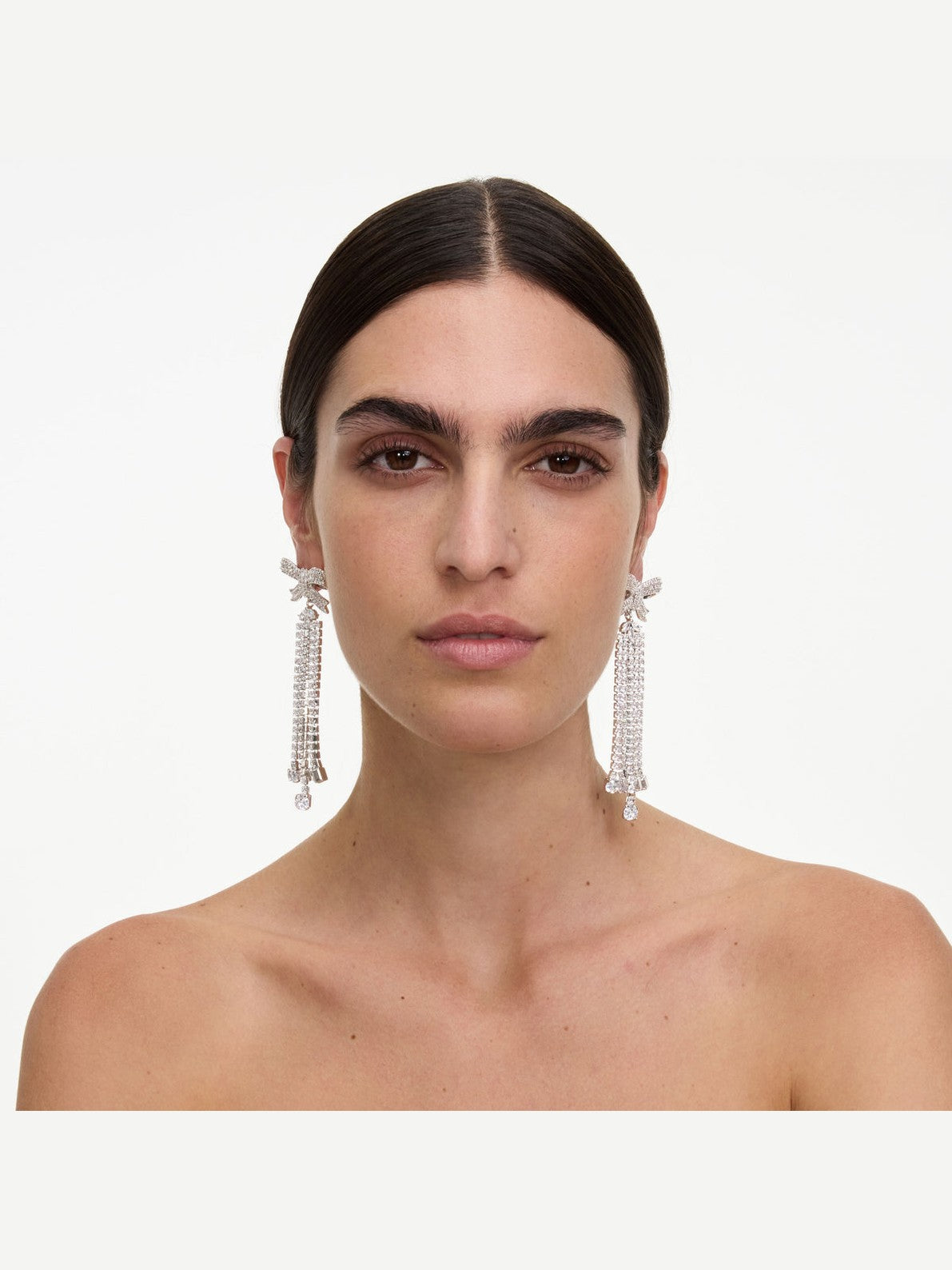 Silver crystal bow droplet earrings